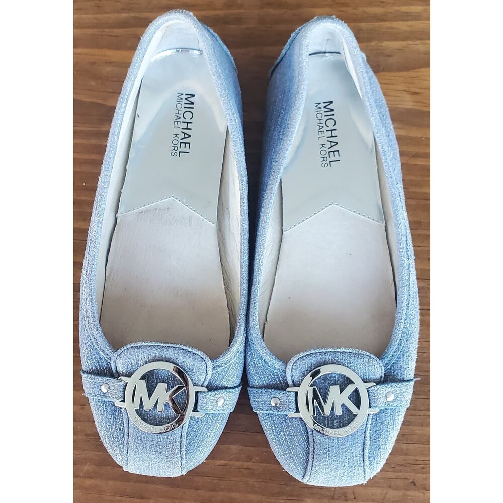 Michael Kors Fulton Denim Moccasin Flats Silver MK Medallion Drivers 8.5